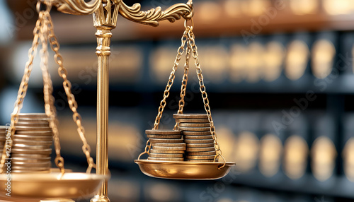 Coins balance on scales show wealth in business, law office, finance background