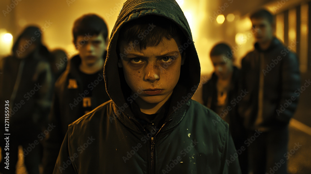 A young boy in a dark jacket and hood stands confidently, surrounded by peers in an urban setting under dim streetlights at night A young boy in a dark jacket and hood stands confidently, surrounded by peers in an urban setting under dim streetlights at night