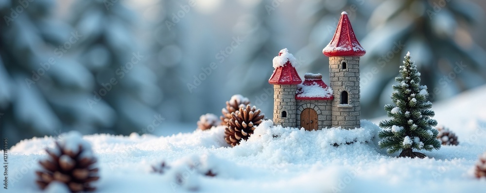 Naklejka premium pinecones scattered around a miniature castle in the snow, small, snowy landscape, tree