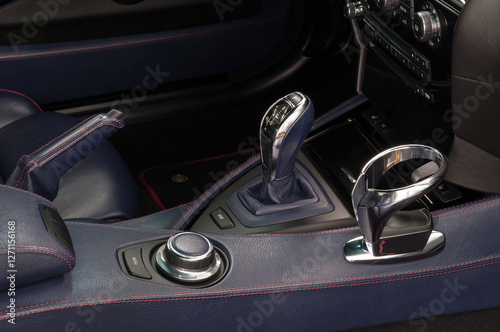 Automatic transmission in modern car. Interior detail.