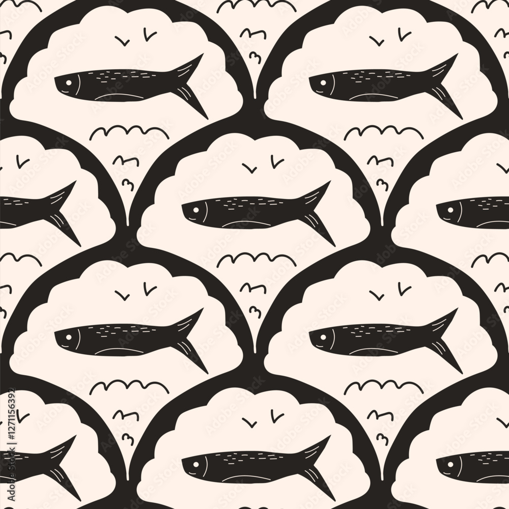 Fish scallop seamless pattern. Sardine stamp allover background. Anchovy repeat cover. Scandinavian stamp continuous ornament. Surface pattern design sea motif. Vector hand drawn illustration. Fish scallop seamless pattern. Sardine stamp allover background. Anchovy repeat cover. Scandinavian stamp continuous ornament. Surface pattern design sea motif. Vector hand drawn illustration.