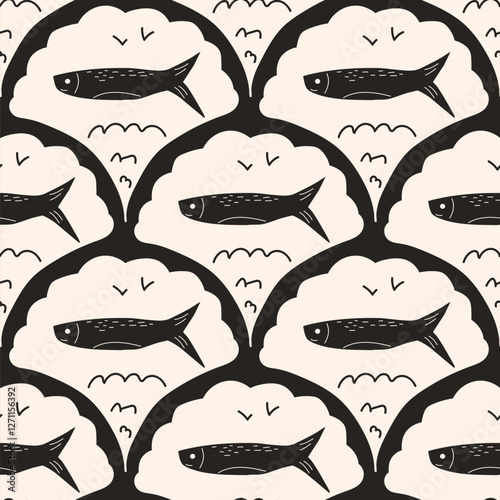 Fish scallop seamless pattern. Sardine stamp allover background. Anchovy repeat cover. Scandinavian stamp continuous ornament. Surface pattern design sea motif. Vector hand drawn illustration.