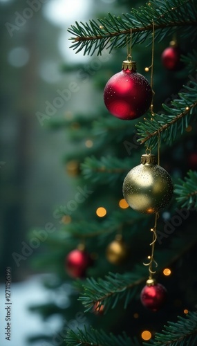 Colorful Christmas ornaments on a branch of a fir tree, forest, bells, fir