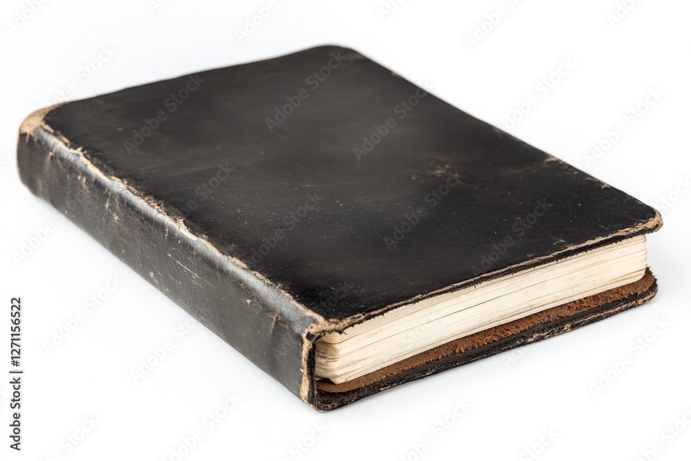 Obraz premium A vintage book with a black cover lying on a white surface, great for representing knowledge, wisdom or mystery