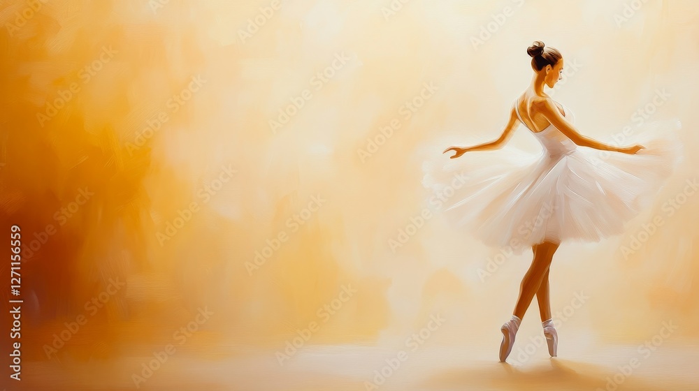 Naklejka premium Graceful ballet dancer in a white tutu performing on stage with a warm, abstract background