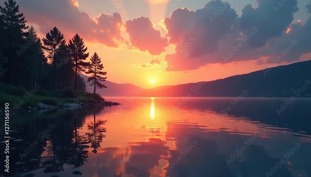 Obraz premium A serene lake scene with a sunset and surrounding trees, sunset, peaceful, scenery