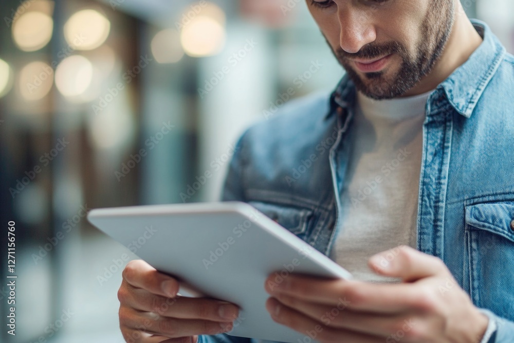 A person wearing a denim jacket looks at a tablet, possibly browsing or working on it A person wearing a denim jacket looks at a tablet, possibly browsing or working on it