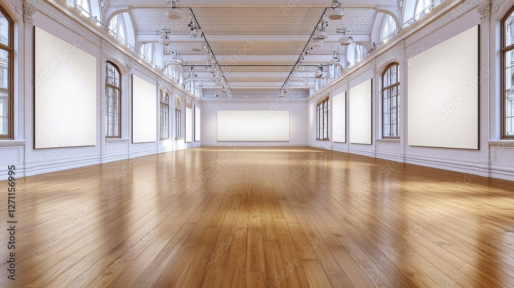 Obraz premium Modern art gallery with large blank painting mockups on the walls, featuring a minimalist and contemporary interior design in a bright, airy exhibition space.