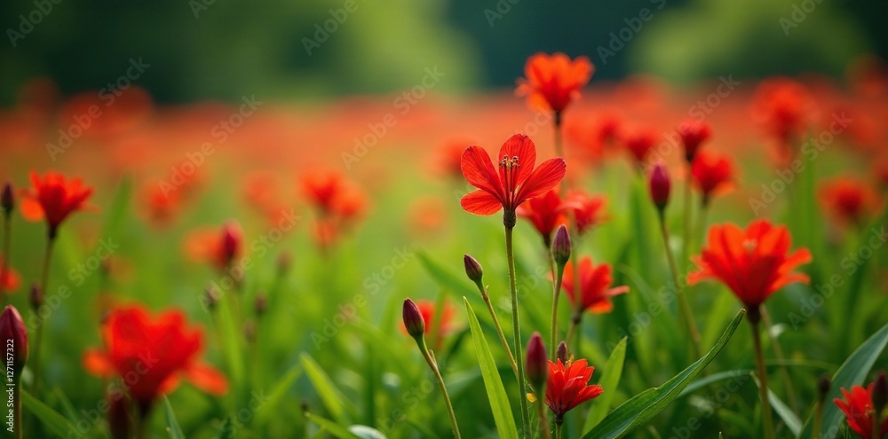 Red alstroemeria in a field of greenery and foliage, alstroemeria, field, flowers Red alstroemeria in a field of greenery and foliage, alstroemeria, field, flowers