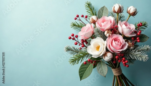 A whimsical winter bouquet with cotton flowers, frosted fir branches, and dried berries, folkloric, flowers