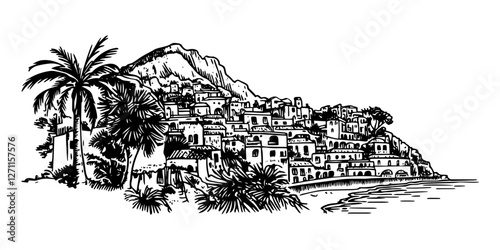 coastal mediterranean town with mountains engraving and laser cutting black vector
