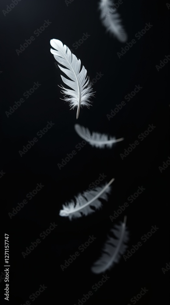 Obraz premium feathers, high-contrast, photograph, white, suspended, mid-air, dark, black sky, floating, depth of field, delicate, textures, cinematic, grain, wonder, mystery, dramatic, nature, beauty, softness, et