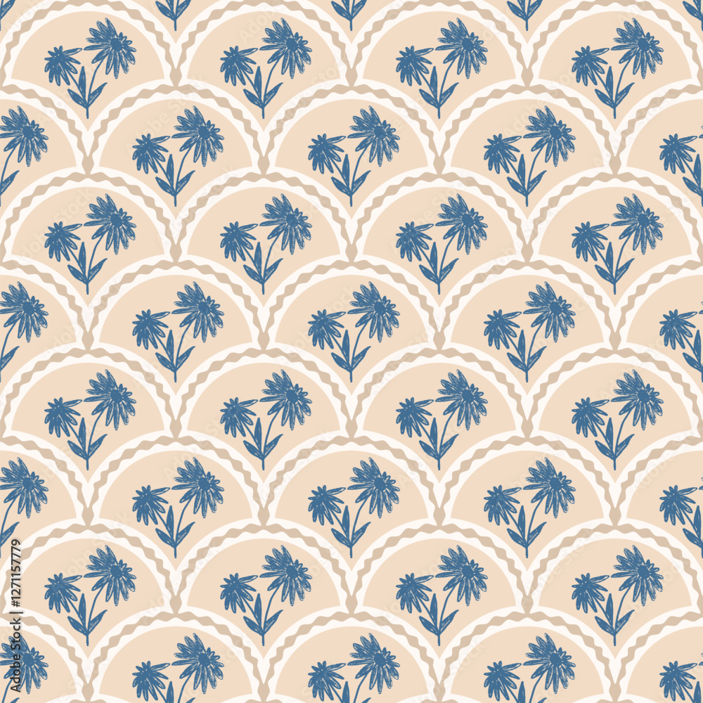 Flowers crayon drawn seamless pattern. Floral allover background. Stylized botany scallop repeat backdrop. Surface pattern design spring motif. Vector hand drawn illustration.