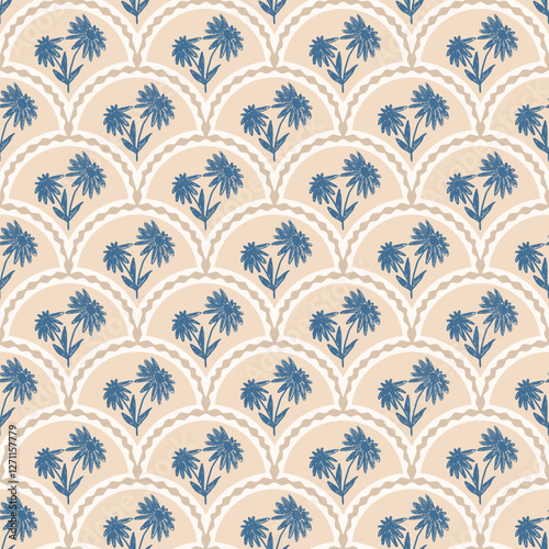 Flowers crayon drawn seamless pattern. Floral allover background. Stylized botany scallop repeat backdrop. Surface pattern design spring motif. Vector hand drawn illustration.
