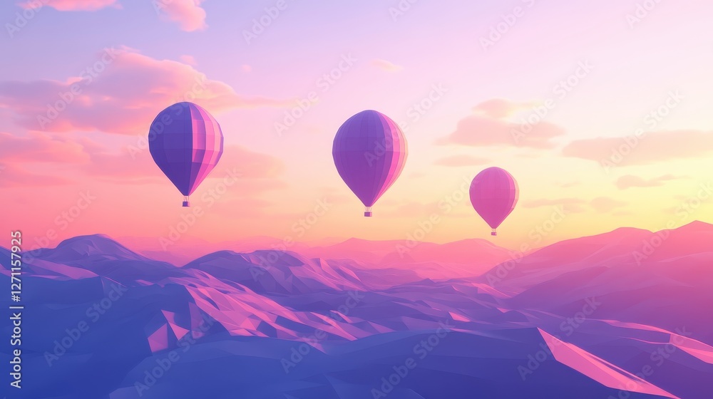 Obraz premium Three Hot Air Balloons Soar Over Pink Sunset Mountains