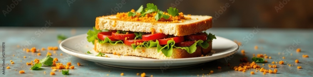 An open sandwich with fillings scattered all over the plate or surface without any visible supports, everyday scene, isolated, solo item An open sandwich with fillings scattered all over the plate or surface without any visible supports, everyday scene, isolated, solo item