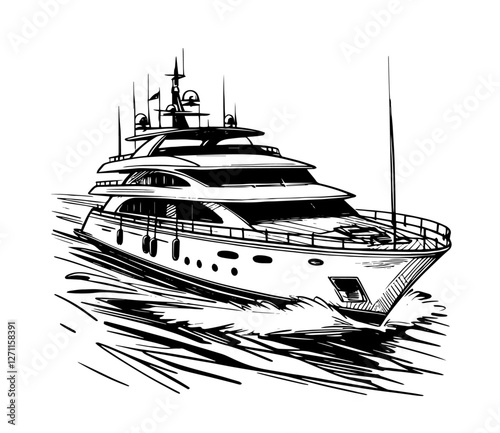 luxury yacht sailing on water in hand-drawn vector silhouette shape