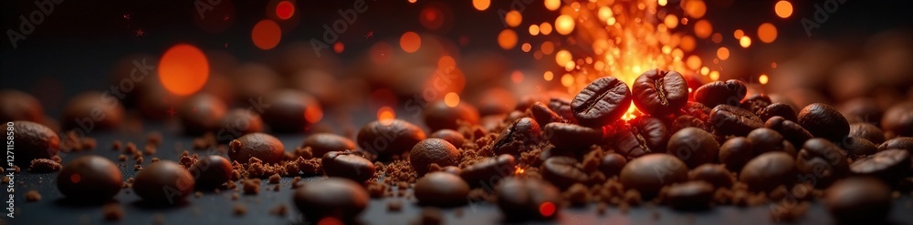 glowing red sparks rise from freshly roasted coffee beans, coffee, fire glowing red sparks rise from freshly roasted coffee beans, coffee, fire