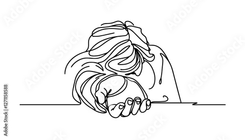 sad woman with her head down and extending her hand in a gesture of begging and helping