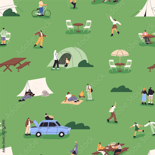 Repeatable pattern of festive camp in park. Endless background with people relaxing in nature with tents, picnic tables in summer. Campsite of fest, holiday event. Flat seamless vector illustration
