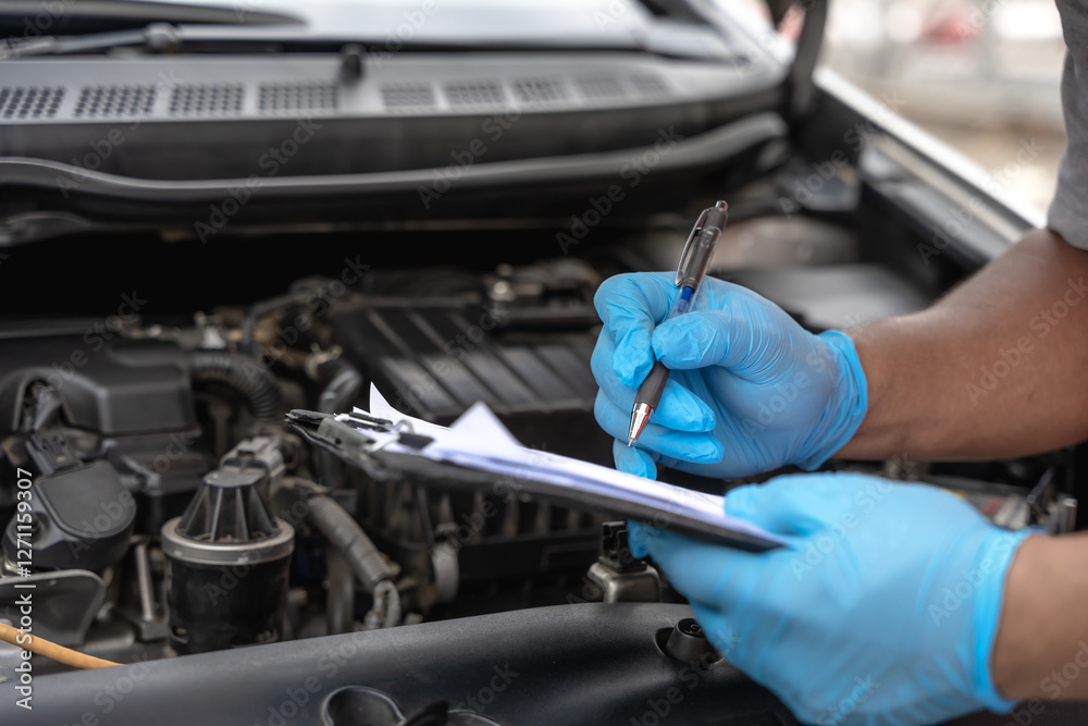 Fototapeta premium Car mechanic man inspecting and checking list break down car