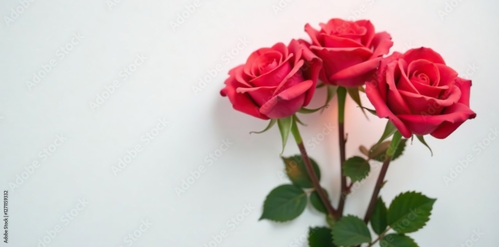 Softly glowing red rose stems against white background, stems, minimalist Softly glowing red rose stems against white background, stems, minimalist