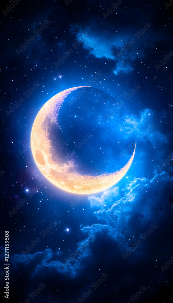 Crescent moon in the night sky with bright stars and clouds background for wallpaper Crescent moon in the night sky with bright stars and clouds background for wallpaper