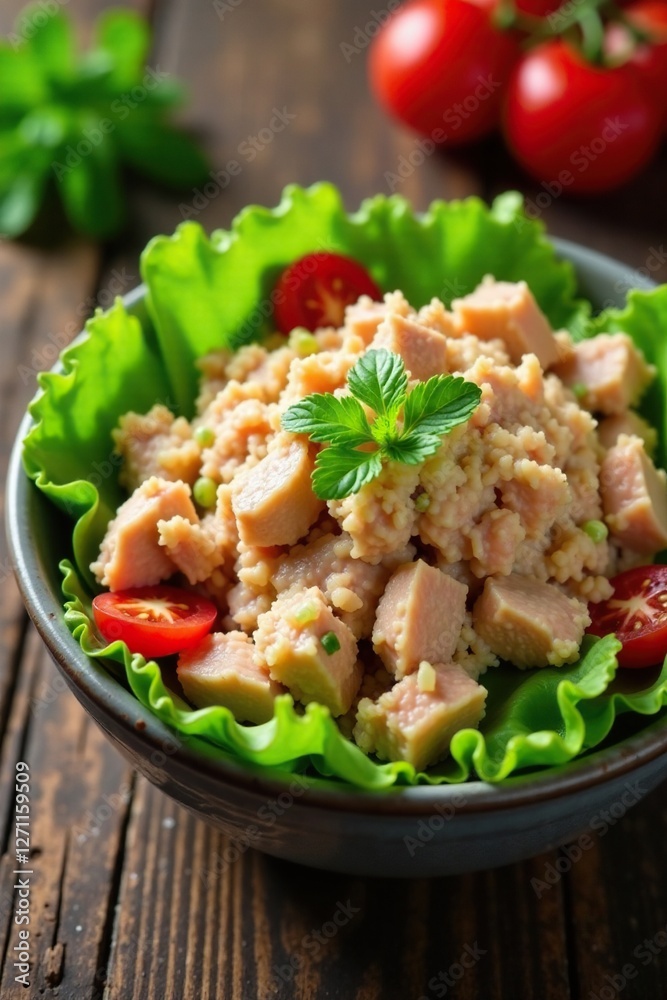 Freshly prepared tuna salad on a bed of mixed greens, mixed greens, bowl Freshly prepared tuna salad on a bed of mixed greens, mixed greens, bowl