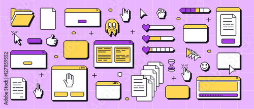 Pixel art retro windows interface. 8 bit browser and popup elements with pointers cursors, arrow and sparkles. Pixel screens in retro 90s style. Ui message borders figures. Vector set illustration.