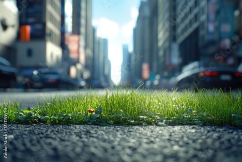 A street with long grass growing in the middle, possibly abandoned or neglected photo