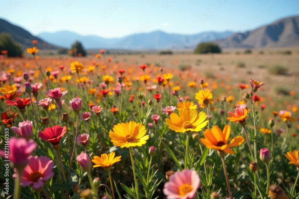 Wildflowers sway in the wind amidst a dry lakebed, southern california, wildflowers, botanical garden Wildflowers sway in the wind amidst a dry lakebed, southern california, wildflowers, botanical garden