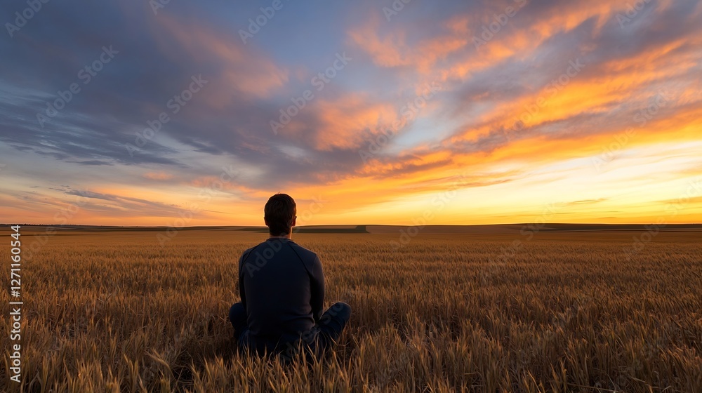 Tranquil scene of a person meditating in a golden wheat field under a colorful sunset sky : Generative AI Tranquil scene of a person meditating in a golden wheat field under a colorful sunset sky : Generative AI