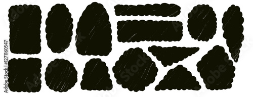 Scallop callout shapes. Text boxes frames set. Oval, circle and rectangle figures. Vector hand drawn quotation stickers shapes. Flat geometric wobbly edged figures collection illustration isolated.