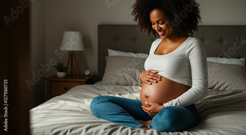 Pregnant woman relaxing on bed with belly touch, maternity and peaceful moment at home. Expectant mother, comfort and self care with pregnancy glow, wellness and motherhood