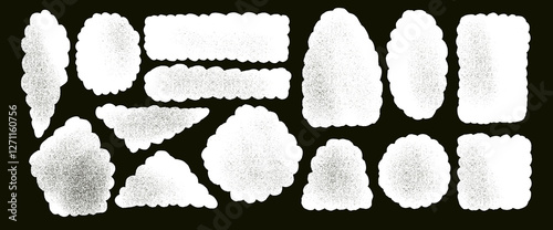 Chalk scallop shape set. Grunge noise text boxes frames pack. Oval, circle and triangle figures. Vector chalk drawn quotation stickers shapes. Flat geometric figures illustration isolated.