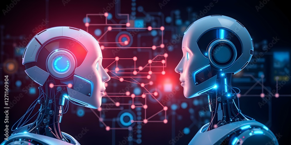 Fototapeta premium Futuristic AI Dialogue: Two sleek, modern robots engage in a silent dialogue, their faces illuminated by an internal glow, set against a backdrop of intricate digital circuitry and connections.