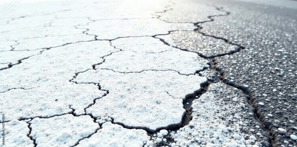 Obraz premium White surface with a dark asphalt road and numerous cracks, bleakness, road