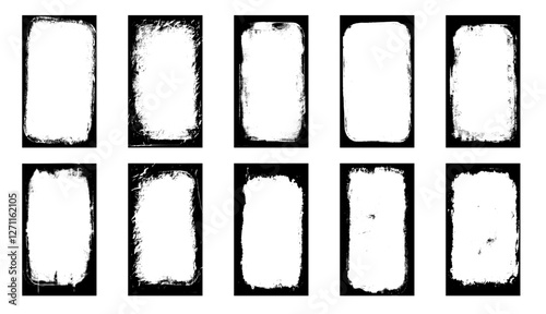 Photo grunge frames stories set template. Ink paint edges punk border for social media poster. Retro textured overlays. Rectangular old black cadre on white background. Vector design illustration.