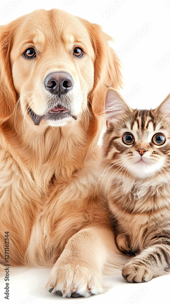 Fototapeta premium Dog and cat are posing together in a studio on white background. Pets content