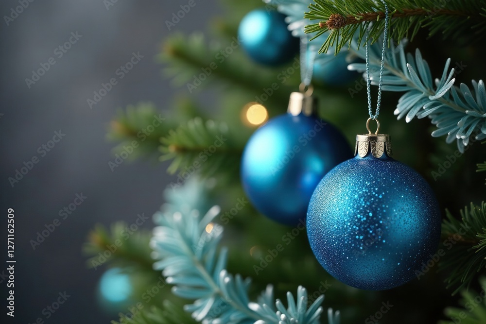 Sparkling blue balls and garlands entwined with silver ribbons hang from a wooden tree branch, garland, silver, holiday Sparkling blue balls and garlands entwined with silver ribbons hang from a wooden tree branch, garland, silver, holiday