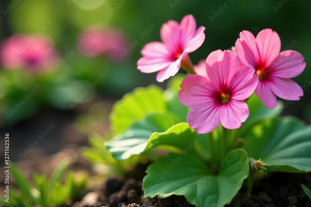 Pink primrose Primula flowers growing in a shaded garden bed, greenery, gardenbeds Pink primrose Primula flowers growing in a shaded garden bed, greenery, gardenbeds