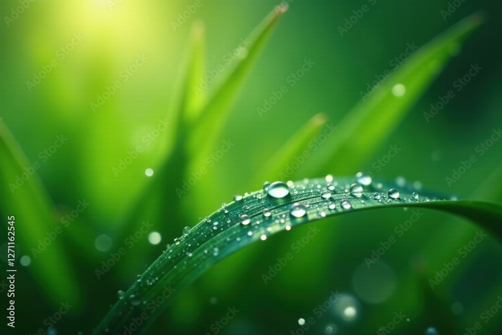 Sparkling drops on the surface of green blades, sparkling, morning Sparkling drops on the surface of green blades, sparkling, morning
