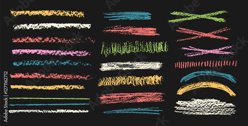 Crayon underline set. Pencil straight scribble lines pack. Vector hand drawn brush stroke collection illustration isolated on dark background. Kids highlights handwritten shape elements.
