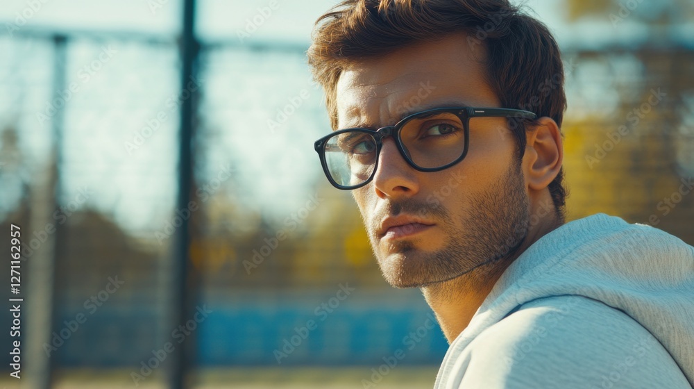 Myopia prevention with a man wearing glasses playing tennis outdoors. Sports, fitness, and eye health Myopia prevention with a man wearing glasses playing tennis outdoors. Sports, fitness, and eye health