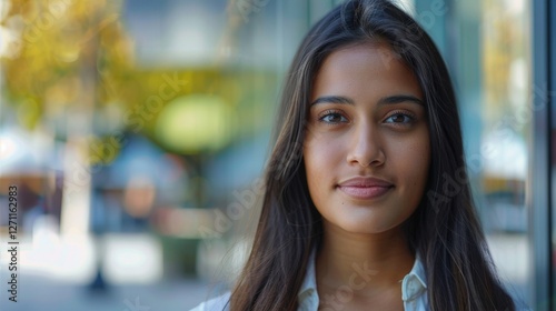 Free Download A young woman stands outside in an urban area with an engaging expression. Soft natural light enhances her features as she looks confidently at the camera against a blurred city background. - GFXLoad