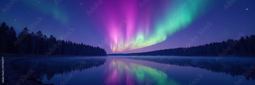 Naklejka premium Radiant purple and green Northern Lights illuminate the night above a still forest lake, purple, peaceful, aurora borealis
