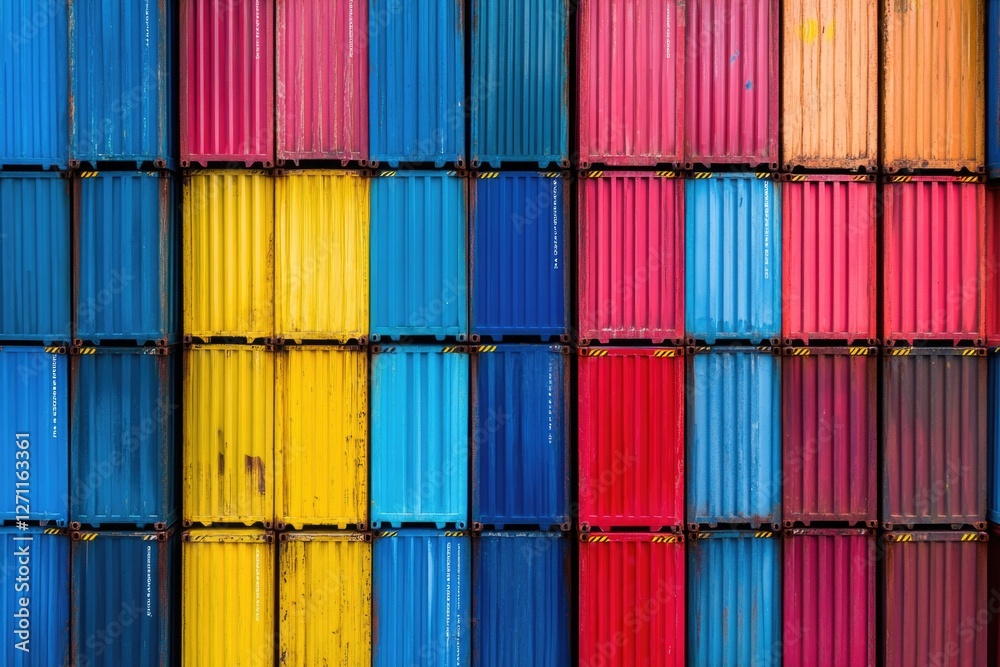 Colorful shipping containers piled high in a vibrant urban landscape Colorful shipping containers piled high in a vibrant urban landscape