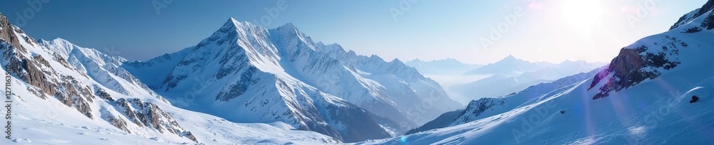 Snowy mountain range with glowing silver mist and sparkles, icy, silver Snowy mountain range with glowing silver mist and sparkles, icy, silver