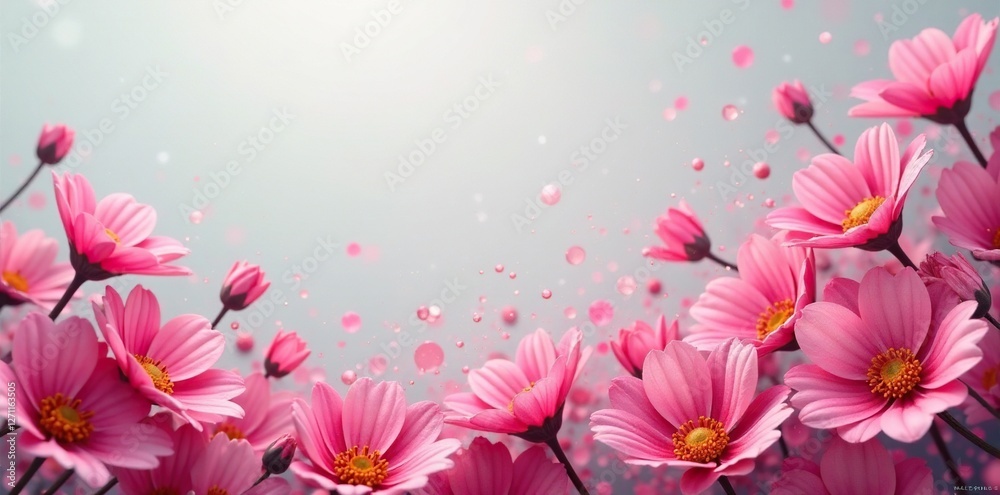 Fototapeta premium Pink glitter bursts forth from a burst of colorful flowers against a neutral gray background, background, pink, flowers