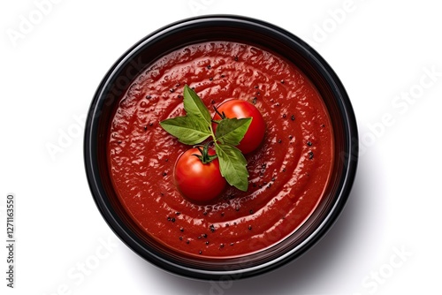 Top view of tomato paste in a black ceramic bowl isolated on a white background